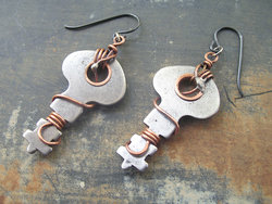 copper-coiled key earrings